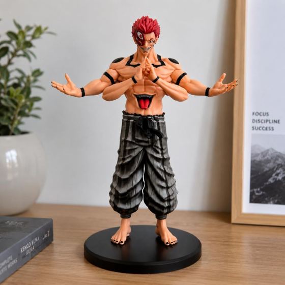 Ryomen Sukuna figure in his four-armed form with body markings and a hand sign, on a round black base