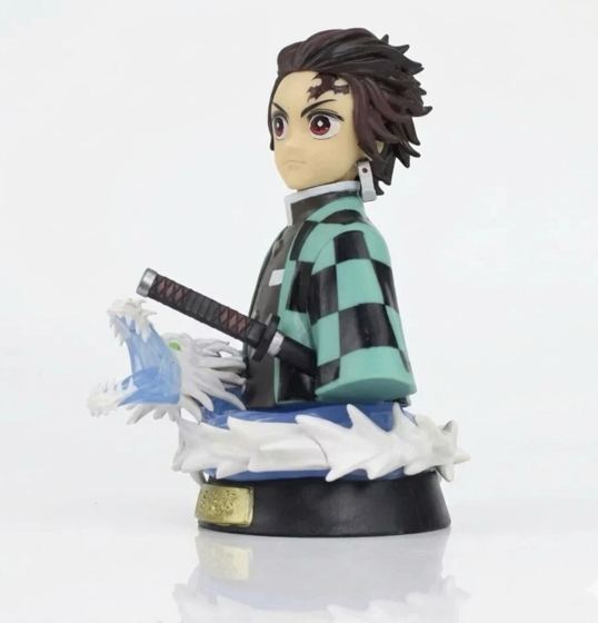 Tanjiro Kamado bust-style figure in his checkered haori with his sword and a Water Breathing wave effect