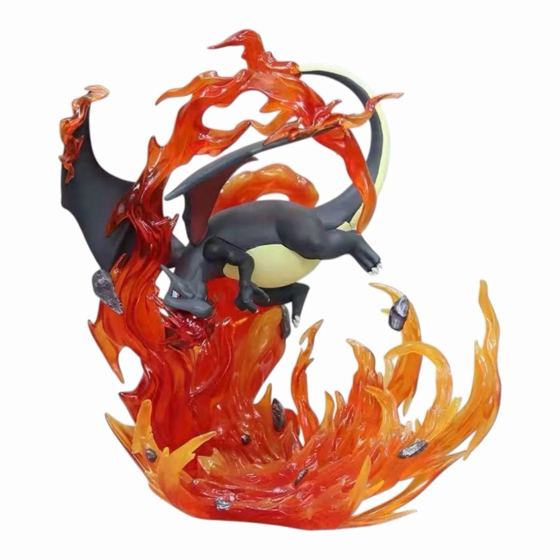 Mega Charizard X figure with black scales and spread wings, wrapped in a sweeping fire effect